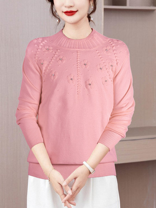 Damen Eleganter Strickpullover mit floralem Muster und Rundhalsausschnitt Drune