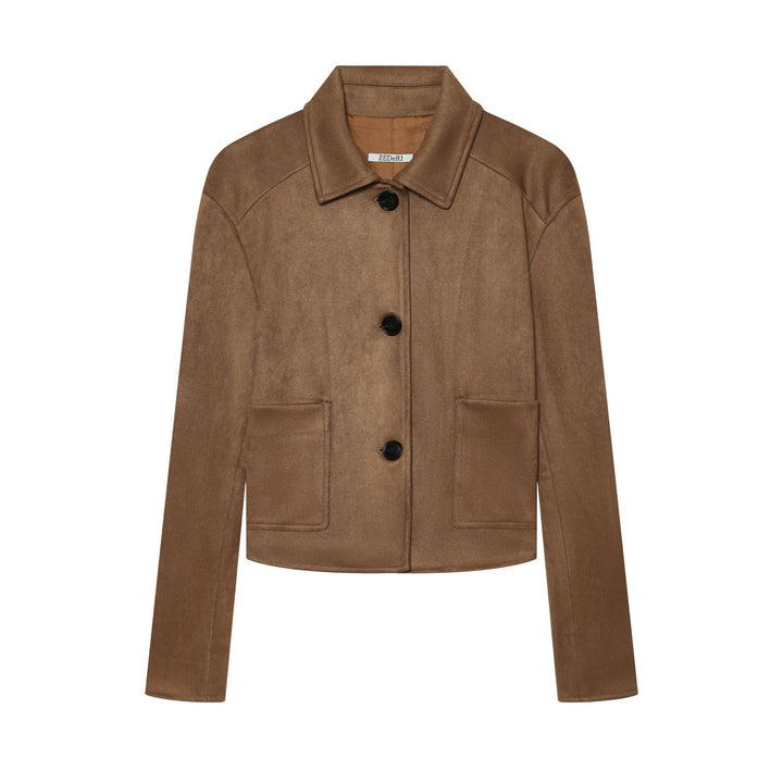 Damen Taillierter Cropped-Blouson aus Veloursimitat mit Hemdkragen und aufgesetzten Taschen Drune