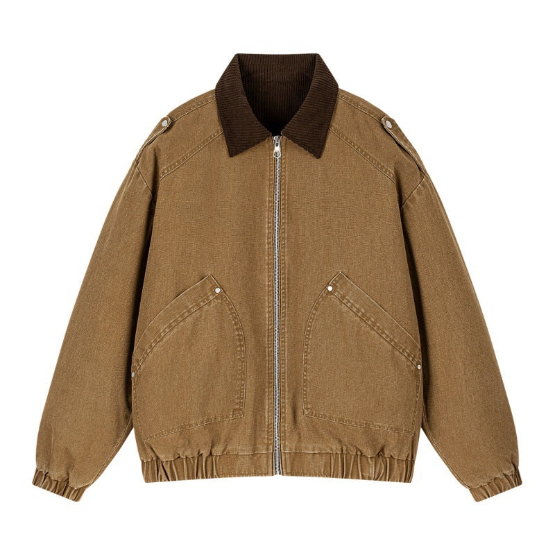 Herren Oversize Denim‑Bomberjacke mit Rippenkragen, elastischem Saum & schrägen Pattentaschen Drune