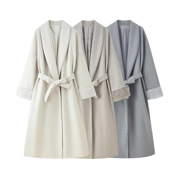 Damen nan oversize Mantelrobe mit weitem Schalkragen, Taillenband und Fauxfur-Manschetten Drune