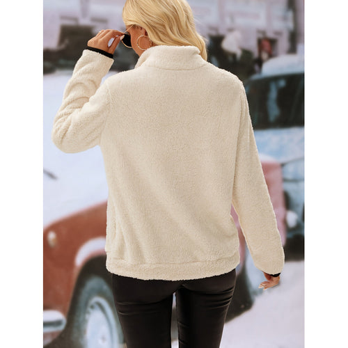 Damen Bequemer Hoher Kragen Fleece Pullover mit Reißverschlussklappe Drune