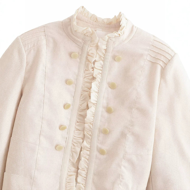 Damen Kurzjacke im militärischen Stil mit Rüschenfront und Stehkragen Drune