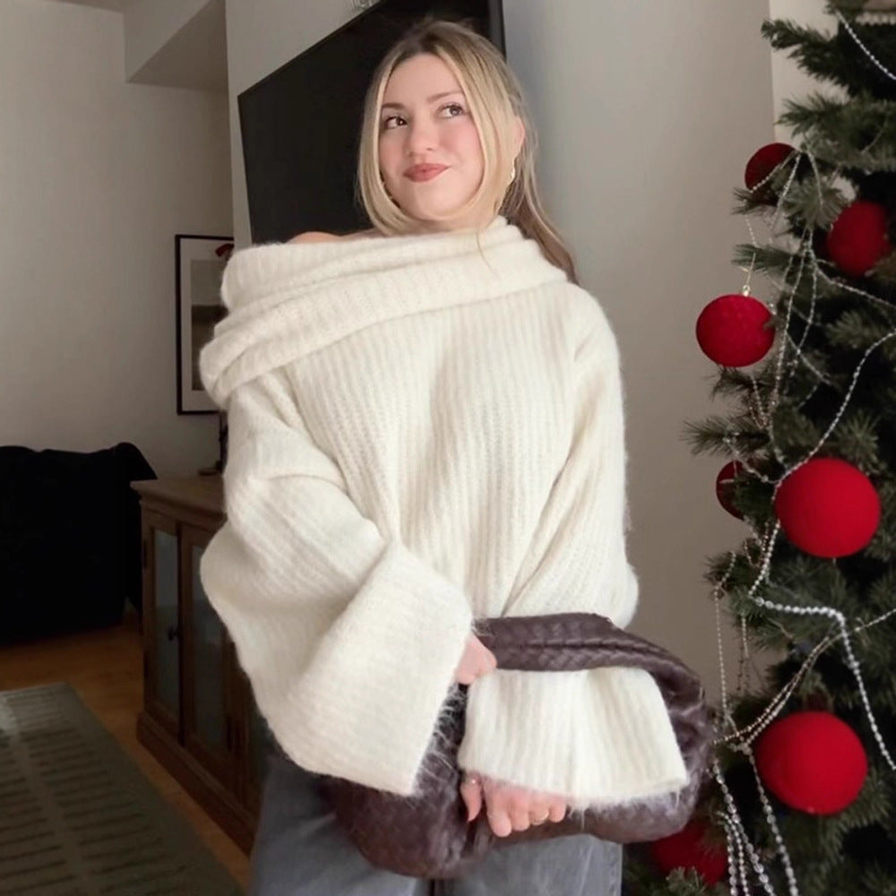 Damen Oversize Schulterfreier Rippstrick-Pullover mit weiten Glockenärmeln Drune
