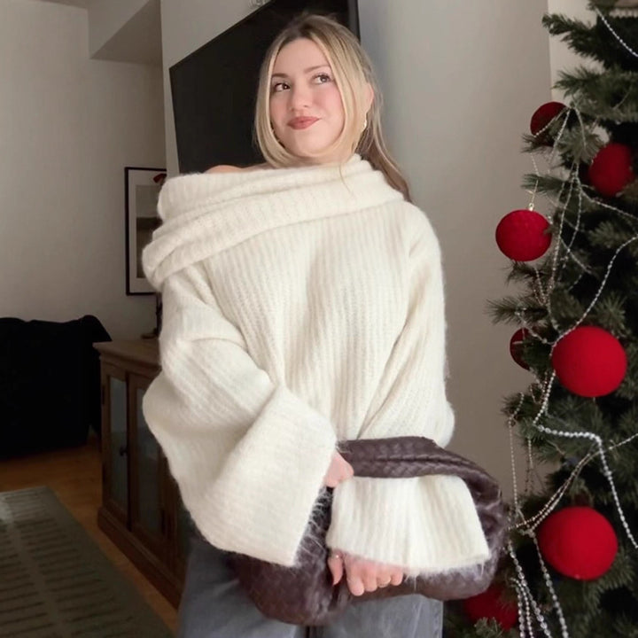 Damen Oversize Schulterfreier Rippstrick-Pullover mit weiten Glockenärmeln Drune