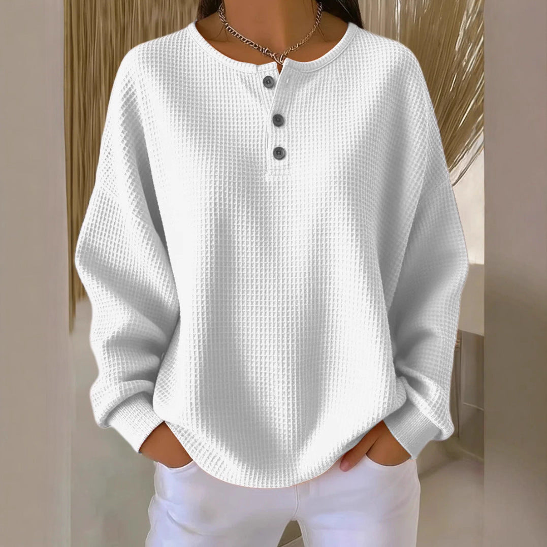 Damen nan Oversized Waffelstrick Henley-Pullover mit Knopfleiste und abgerundetem Saum Drune