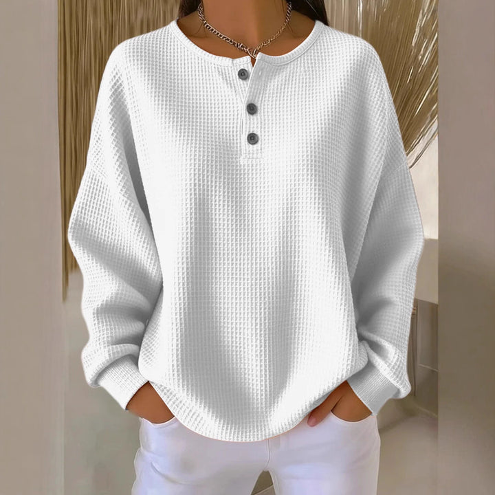 Damen nan Oversized Waffelstrick Henley-Pullover mit Knopfleiste und abgerundetem Saum Drune