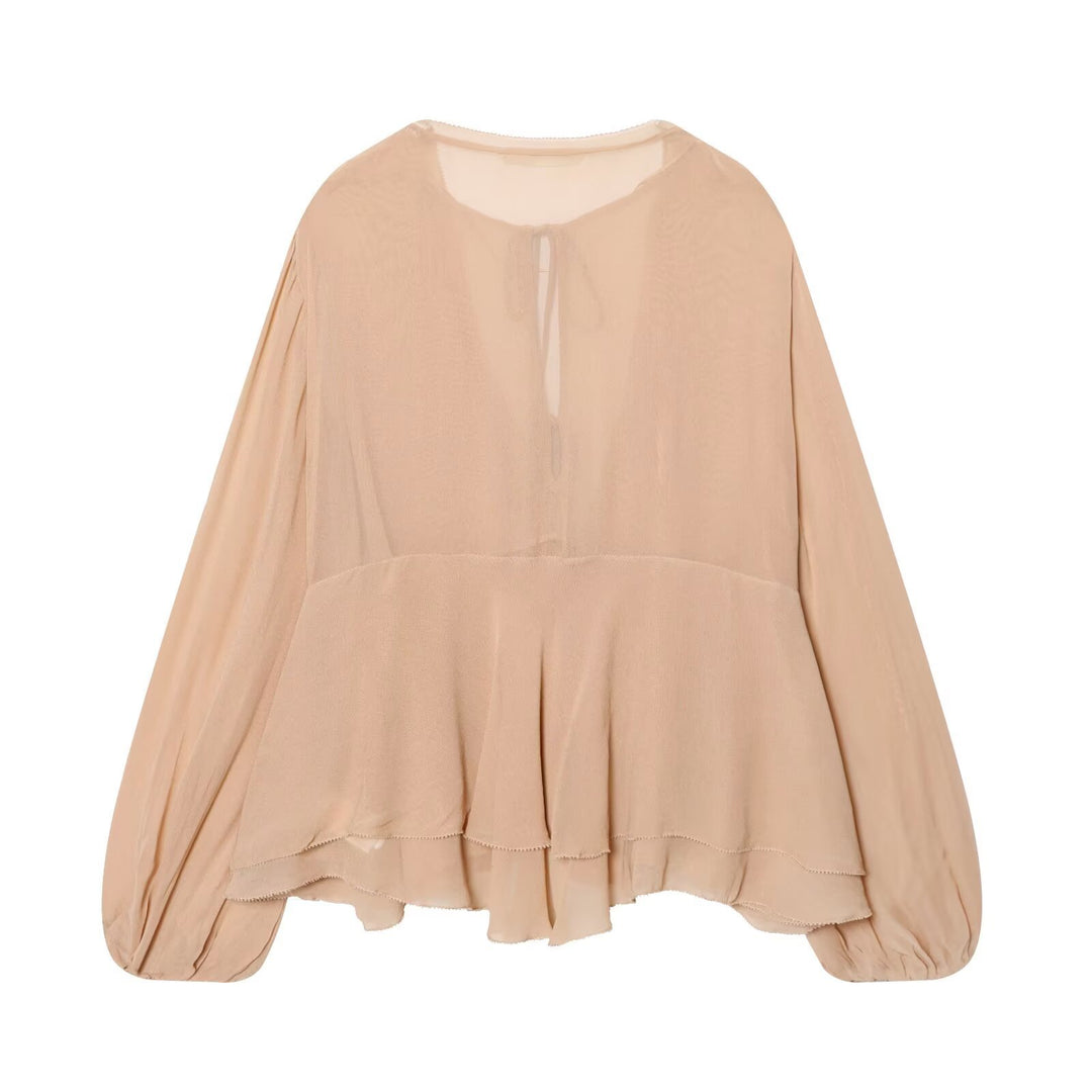 Damen Luftige Chiffon-Bluse mit tiefem V‑Ausschnitt, Bindebändern, Volantstufen und Ballonärmeln Drune