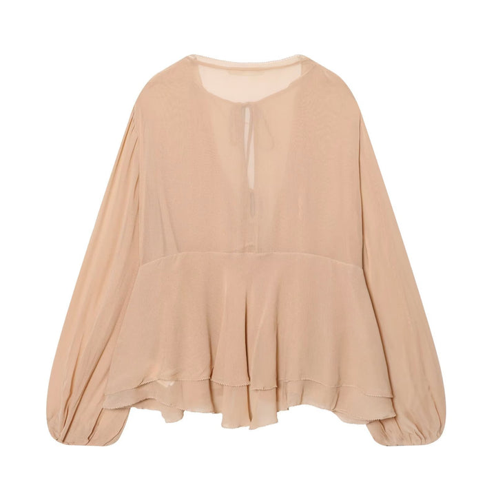 Damen Luftige Chiffon-Bluse mit tiefem V‑Ausschnitt, Bindebändern, Volantstufen und Ballonärmeln Drune
