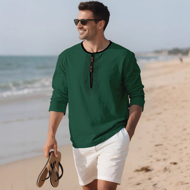 Herren nan weit geschnittenes Langarm-Kurta-Oberteil mit dekorativen Biesen und Holzknopfleiste Drune