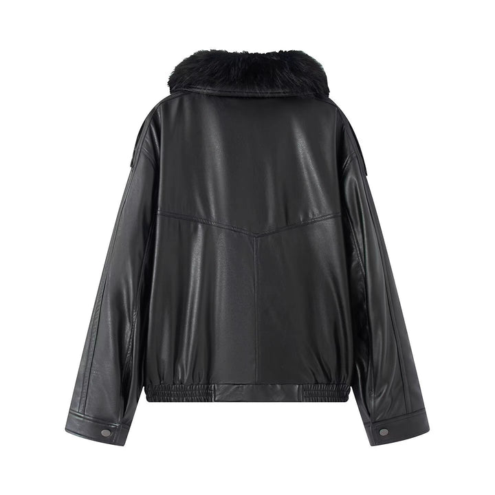 Damen Oversized Kunstleder-Bomberjacke mit kuscheligem Faux‑Fur‑Kragen und aufgesetzten Klappentaschen Drune