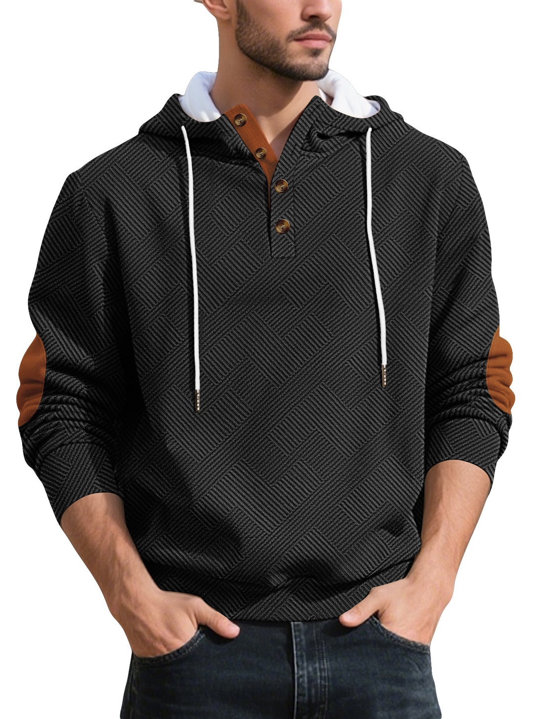 Herren nan strukturierter Kapuzen-Henley-Pullover mit Jacquardstruktur, Knopfleiste und Ellenbogenpatches Drune