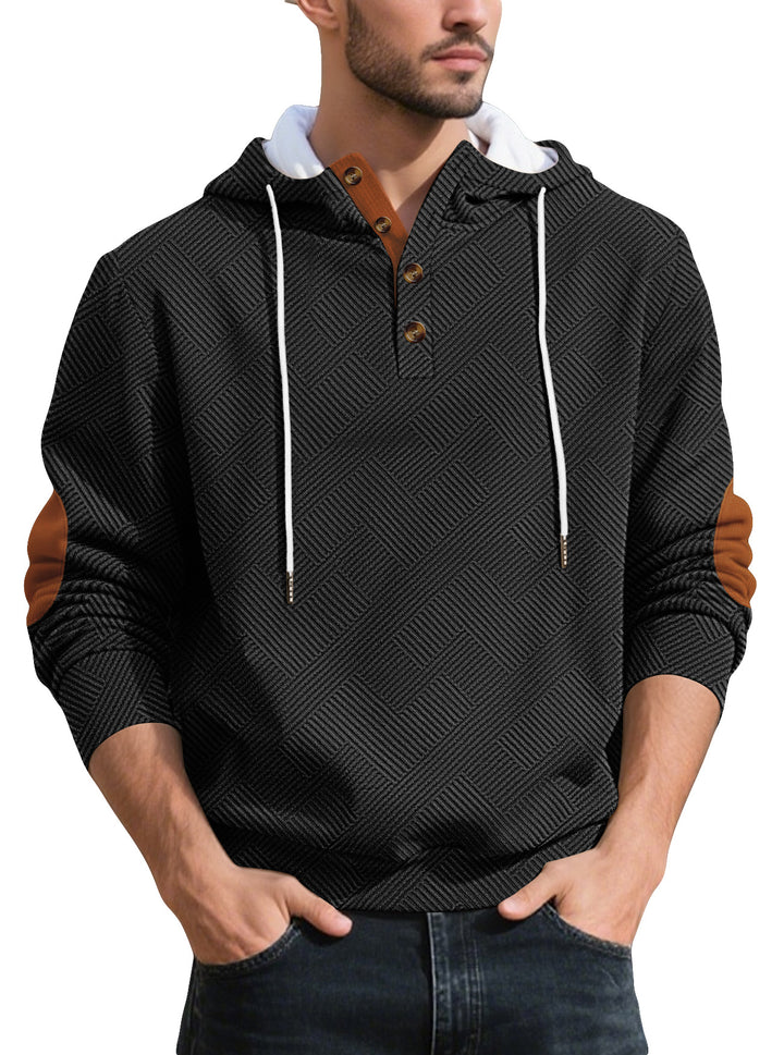 Herren nan strukturierter Kapuzen-Henley-Pullover mit Jacquardstruktur, Knopfleiste und Ellenbogenpatches Drune
