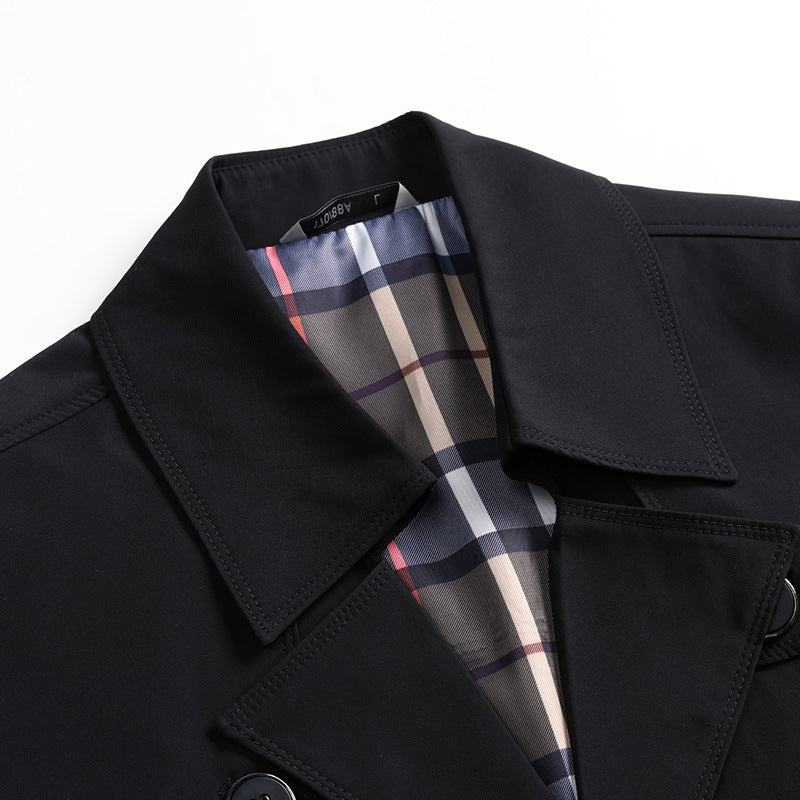 Herren Klassischer Trenchcoat mit karierter Innenfutter und Wetterschutz Drune