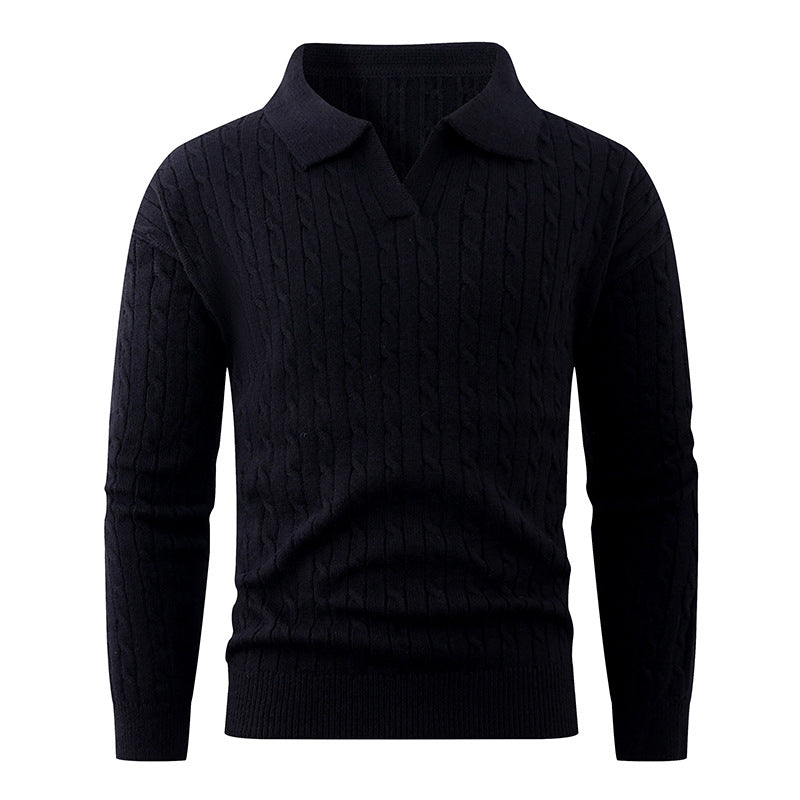Herren Kabelstrick-Polo-Pullover mit V-Ausschnitt und Zopfmuster Drune