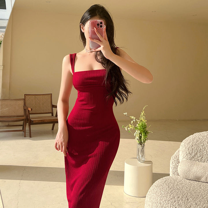 Damen figurbetontes Midi-Kleid mit quadratischem Ausschnitt und feinen Rippdetails Drune