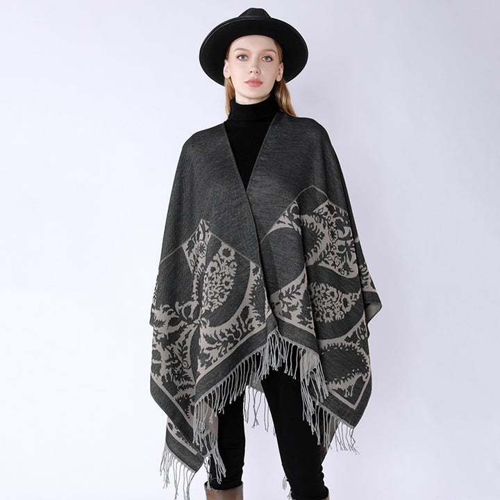 Damen Oversize-Umhangponcho mit floralen Medaillon-Jacquard und Fransensaum Drune
