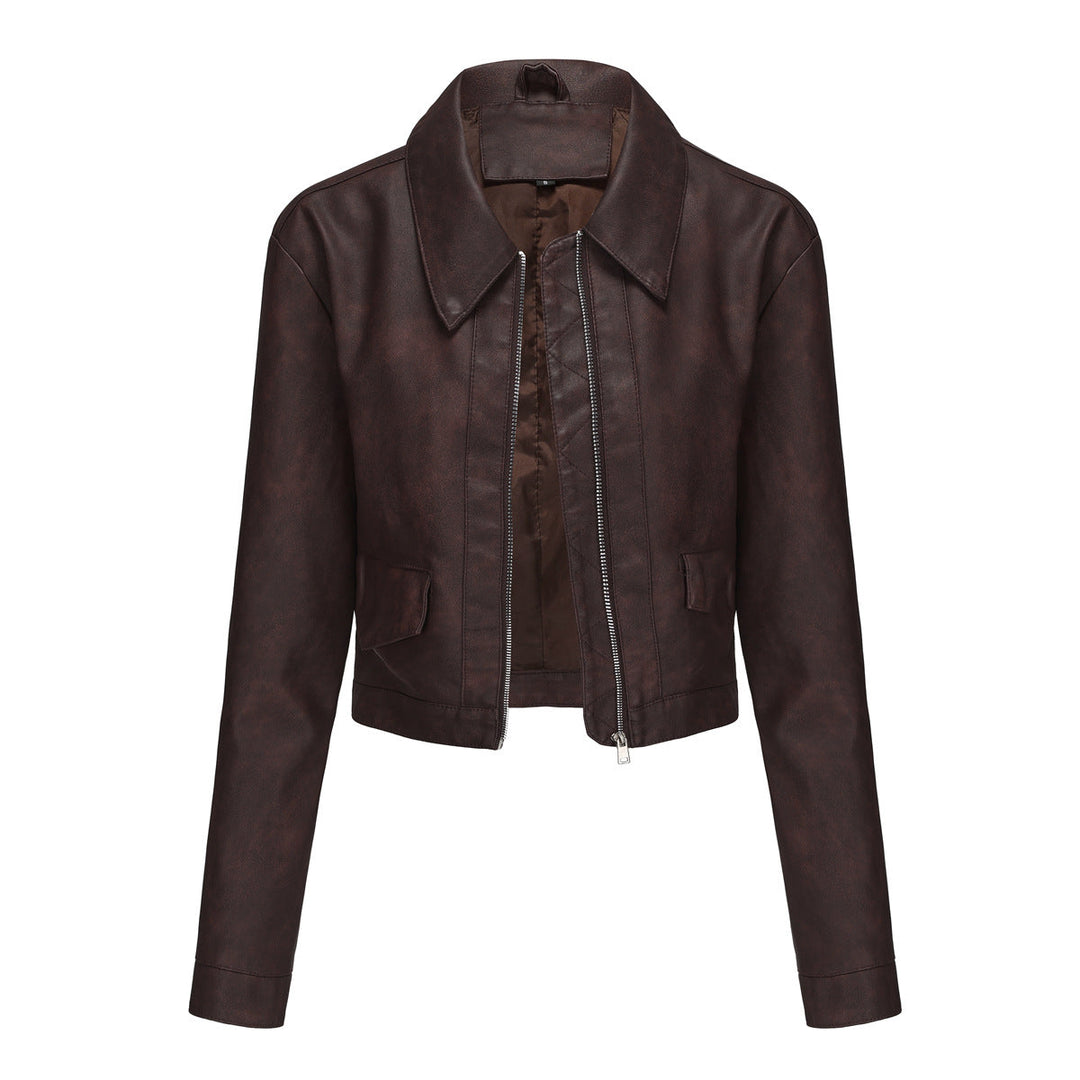 Damen modische cropped Kunstlederjacke mit klassischem Wellenkragen Drune