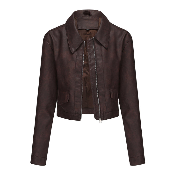 Damen modische cropped Kunstlederjacke mit klassischem Wellenkragen Drune