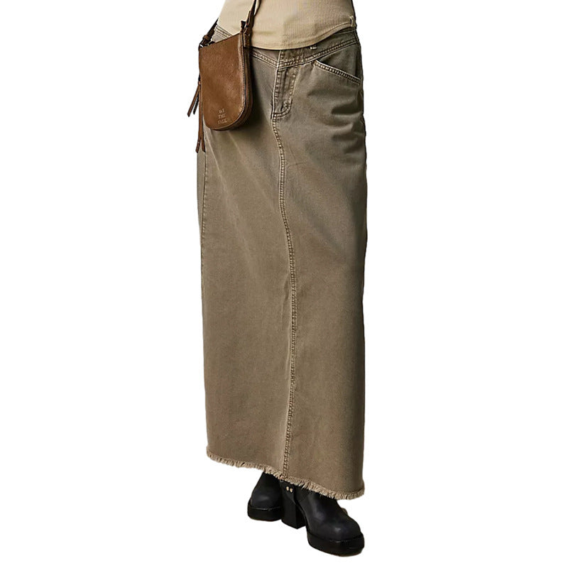 Damen Langer Denim-Rock mit hoher Taille und Taschen