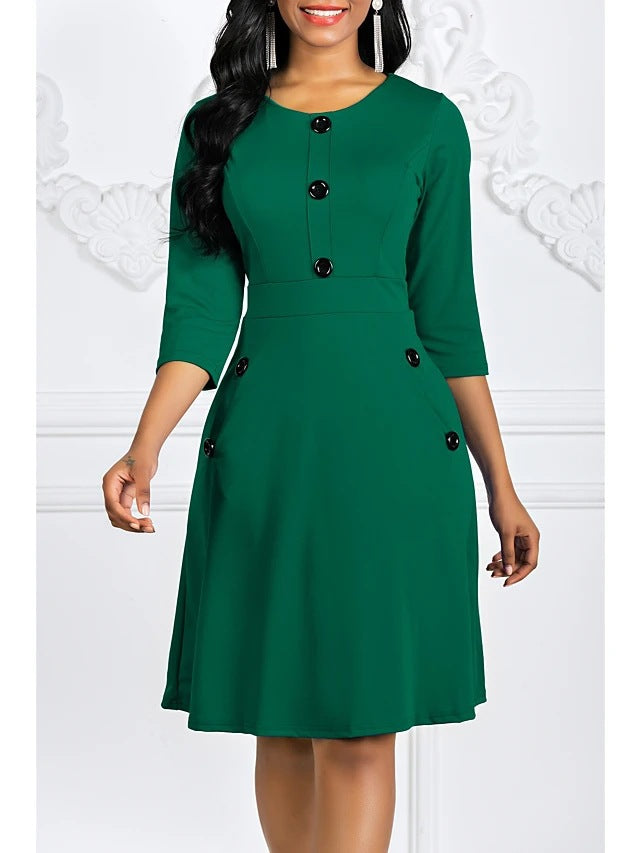 Damen Elegantes knieumspielendes Kleid mit Schmuckknöpfen und 3/4-Ärmeln Drune