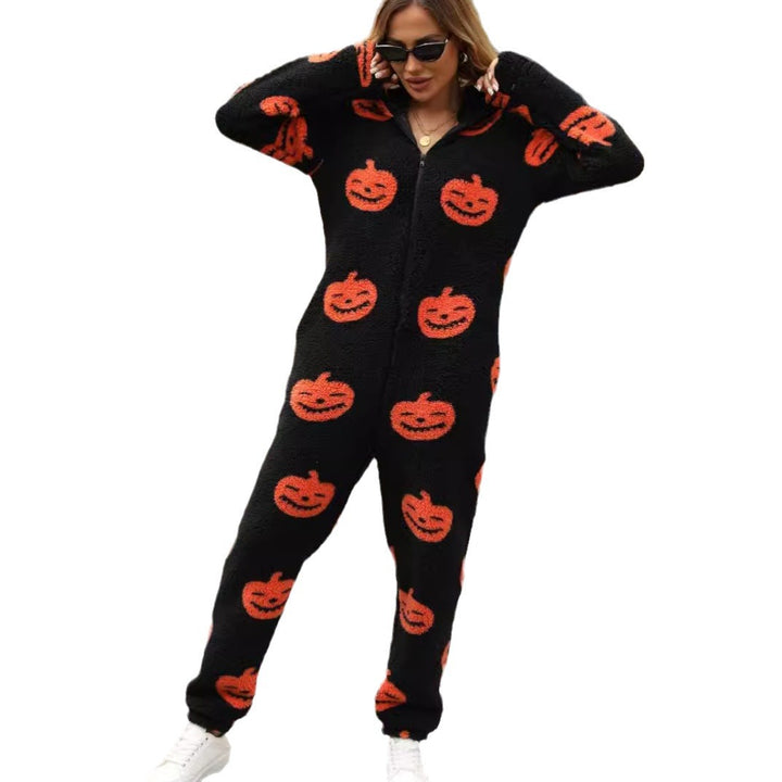 Damen Gemütlicher Halloween-Jumpsuit mit Kapuze und kuscheligem Fleece Drune