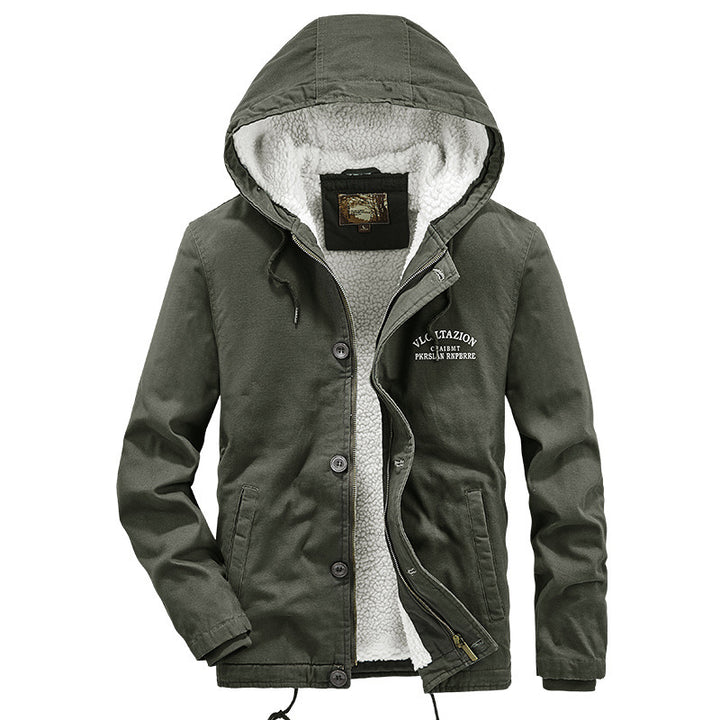 Herren Lässige Canvas-Kapuzenjacke mit durchgehendem Sherpa-Futter und doppelter Front Drune