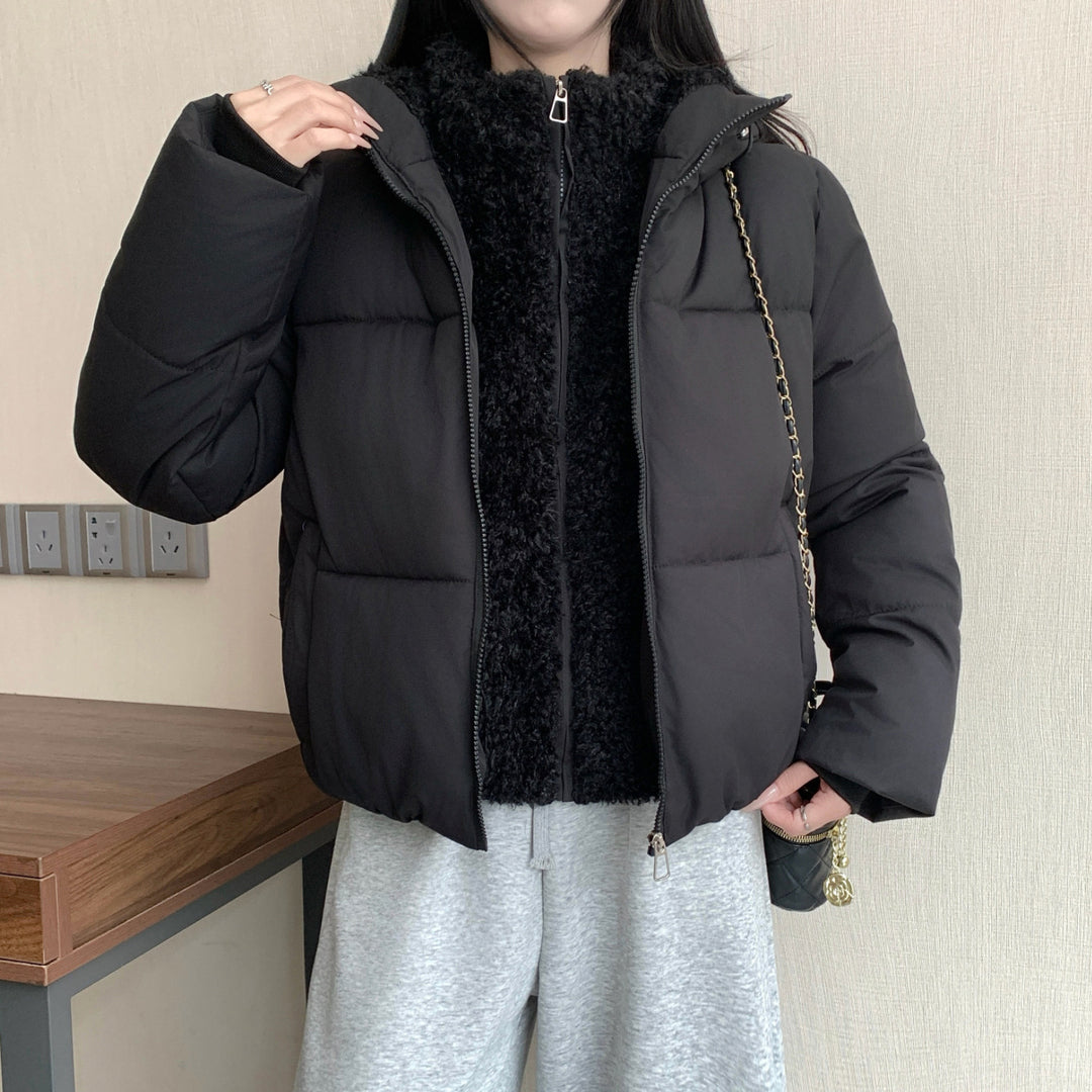 Damen nan kurze wattierte Doppeljacke mit abnehmbarem Teddy-Innenfutter und hohem Stehkragen Drune