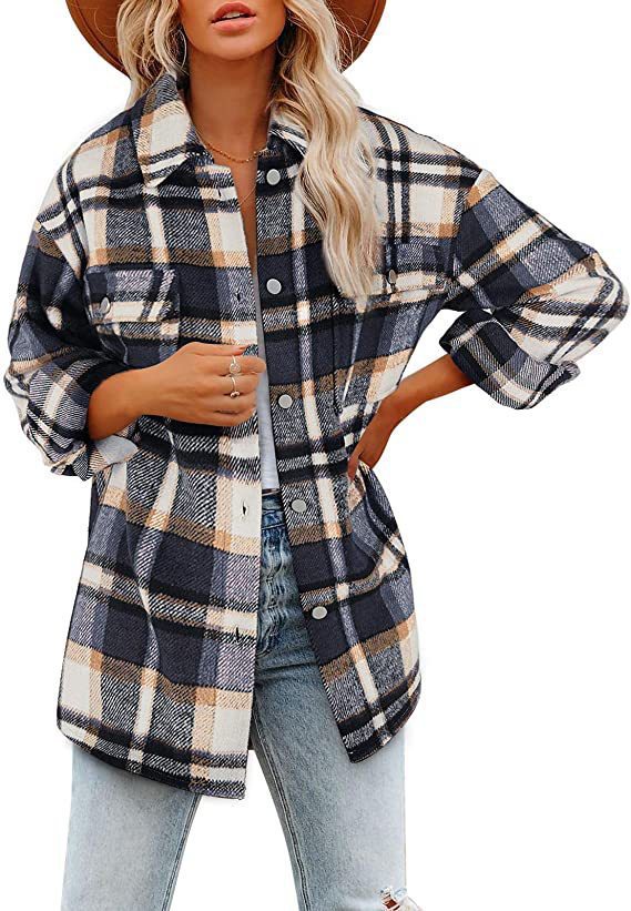 Damen Lässige Karierte Overshirt Jacke Drune