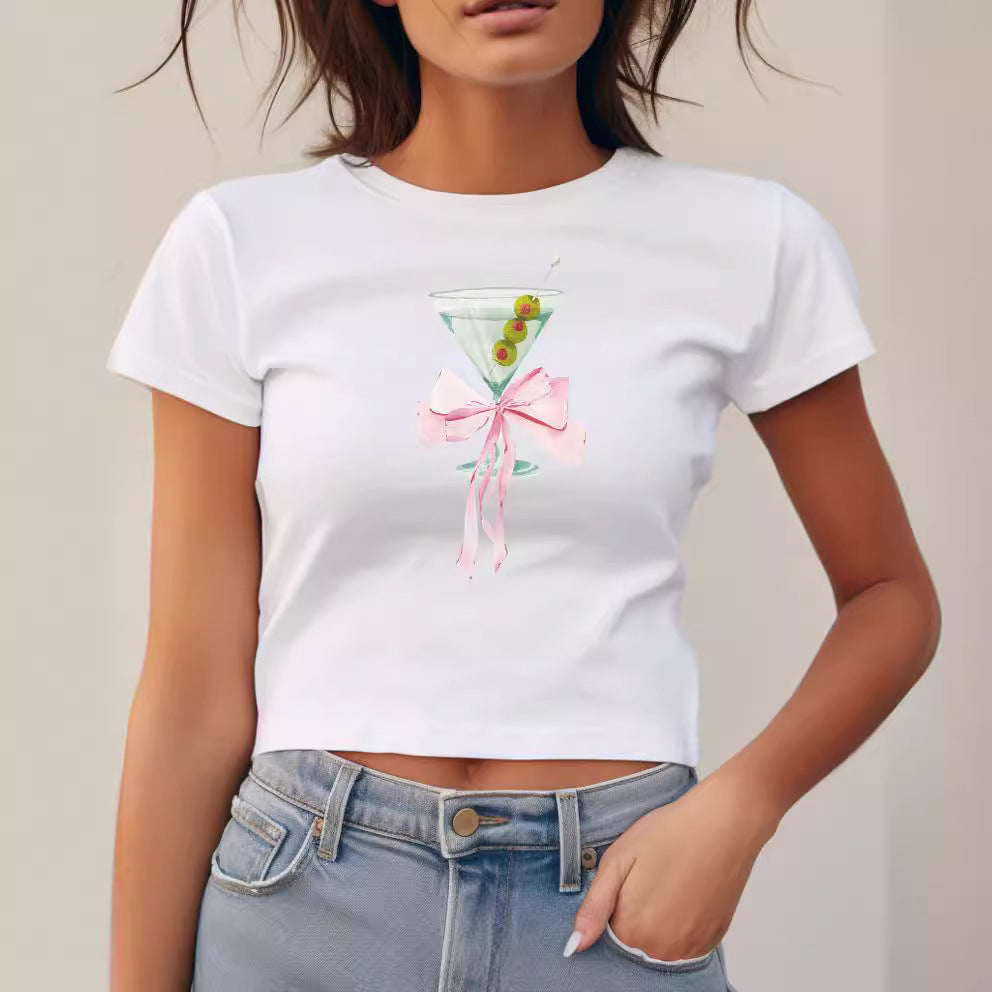 Damen Cropped T-Shirt mit trendy Cocktail-Design Drune