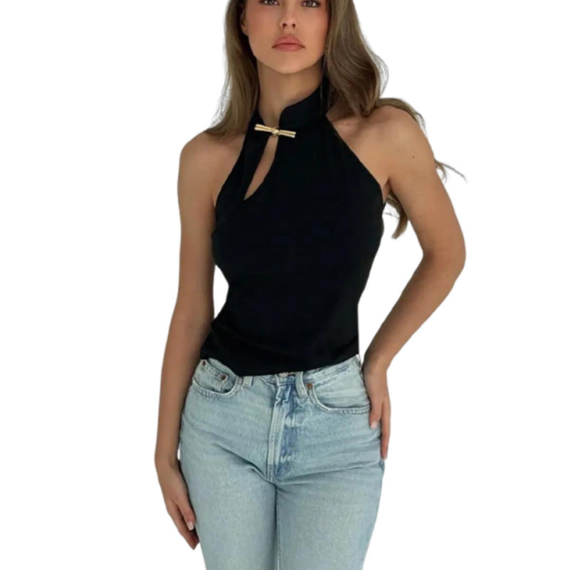 Damen modernes Hochkragen Top mit elegantem Schlitz und goldener Akzent Drune
