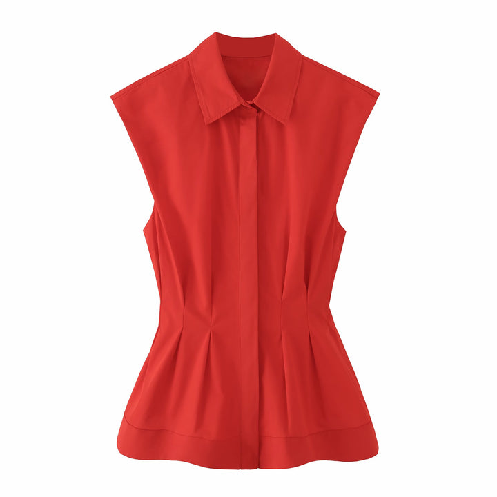 Damen Ärmellose taillierte Bluse mit Kellerfalten und verdeckter Knopfleiste Drune