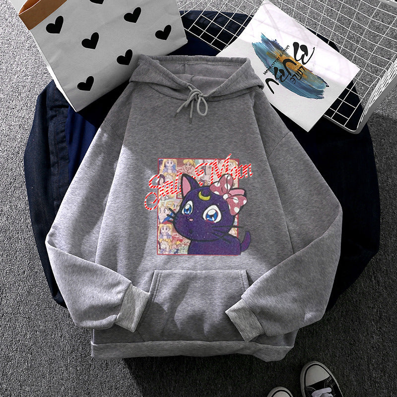 Damen nan Oversize-Kapuzenpullover mit glitzerndem Anime-Katzen-Motiv, Kängurutasche und weichem Fleece-Innenfutter Drune