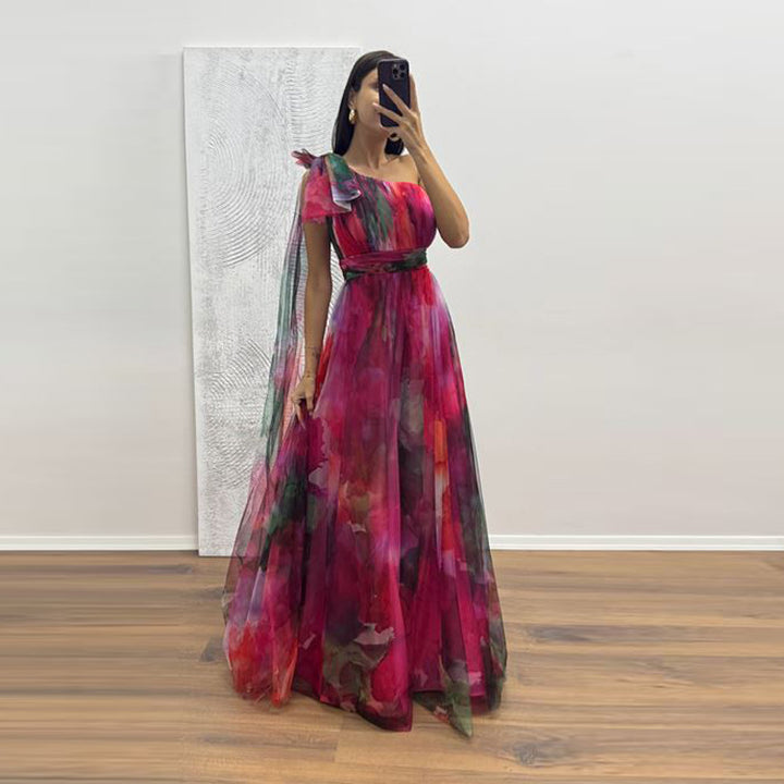 Damen Festliches Maxikleid mit transparenten Chiffon-Überlagern und zartem Rüschendesign Drune