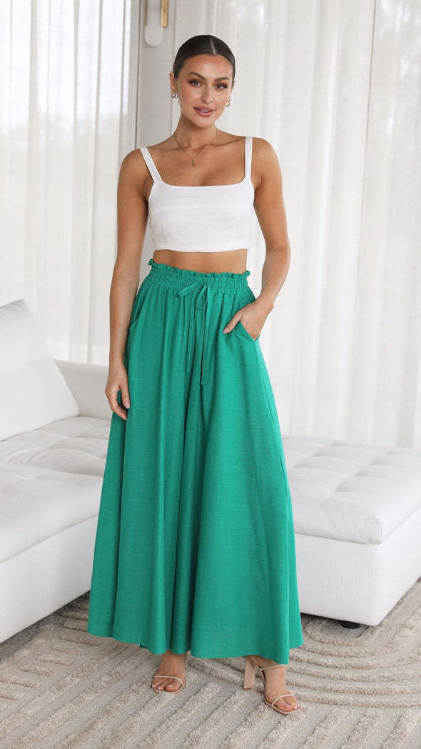 Frauen Hohe Taille Rüschen Elastischer Bund Weite Bein Strand Palazzo Hose mit Zugband und Seitentaschen Drune