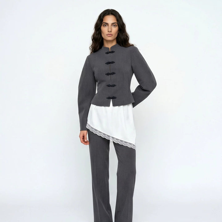 Damen Taillierter Cropped-Blazer mit Mandarin-Kragen und Zierknotenverschluss Drune