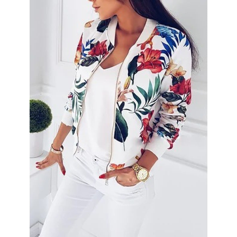 Damen Blousonjacke mit floralem Allover-Print, Reißverschluss und Rippbündchen Drune