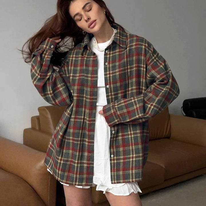 Damen lässige Karobluse aus weicher Baumwolle mit Knopfdetails Drune