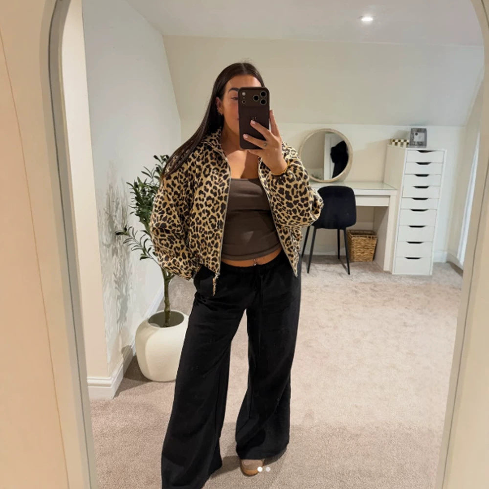 Damen gefütterte Oversize Bomberjacke mit Leopardenmuster und Stehkragen Drune