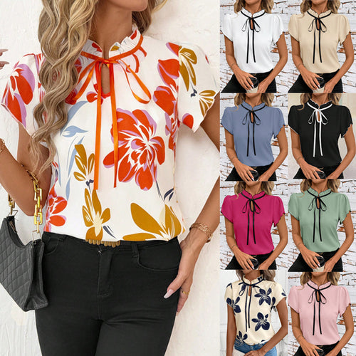 Damen Kurzarmbluse mit Rüschenkragen, Bindeband und floralem Print Drune