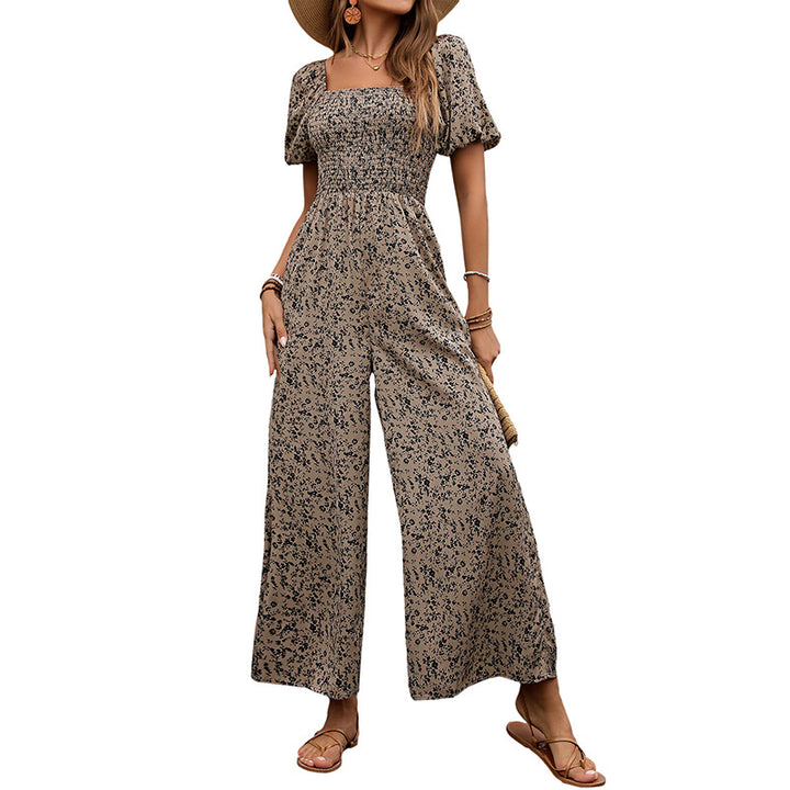 Damen Floraler Smocked-Jumpsuit mit Karree-Ausschnitt, Puffärmeln und weitem Beinschnitt Drune
