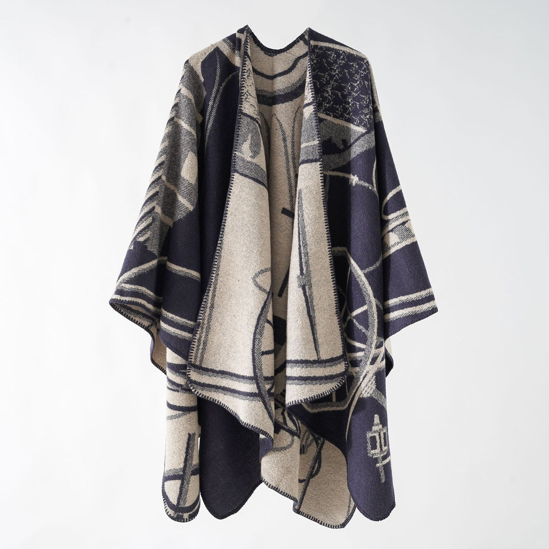 Damen Wollmix-Reversible Cape mit grafischem Jacquard und offenem Kimonofall Drune