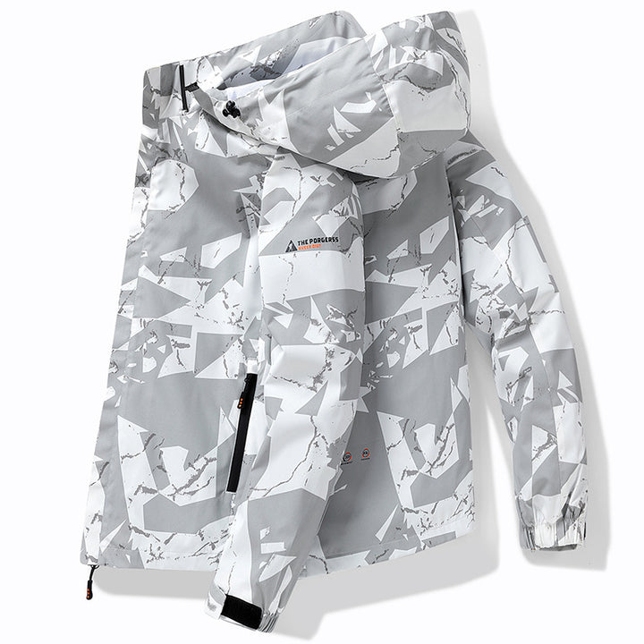 Herren Technische wasserdichte Kapuzenjacke mit grafischem Camouflage‑Print, Reißverschlusstaschen und verstellbarem Saum Drune