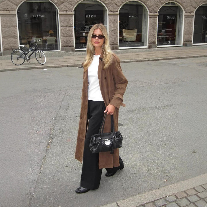 Damen Langer Wildleder‑Trenchcoat mit doppelreihiger Knopfleiste Drune