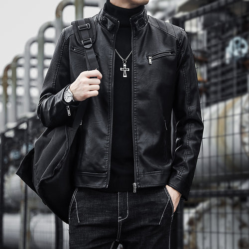 Herren Modische Kunstlederjacke mit warmem Innenfutter Drune