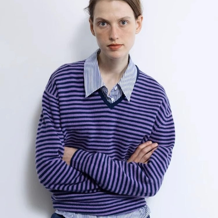 Damen gestreifter V-Ausschnitt Pullover Drune