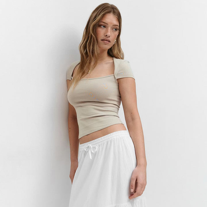 Damen figurbetontes Kurzarmshirt mit modernem Quadrat-Ausschnitt Drune