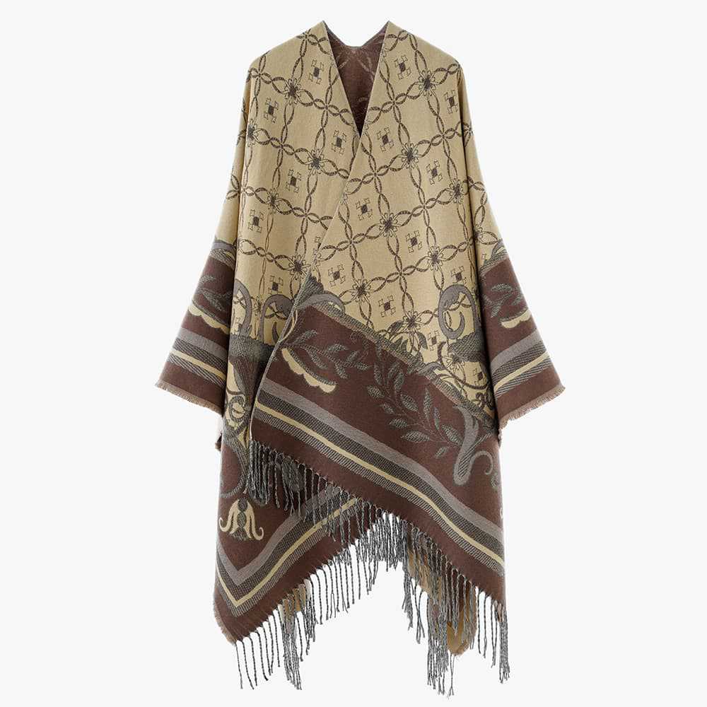 Damen Jacquard-Wendecape mit V-Ausschnitt, floraler Bordüre und Fransensaum Drune