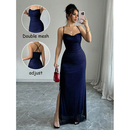 Damen Maxikleid mit verstellbaren Spaghettiträgern und raffiniertem Rüschendesign Drune