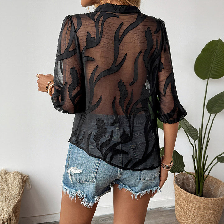 Damen Leichte Chiffon-Bluse mit Jacquardstruktur, V-Knopfleiste und dreiviertelärmeln Drune