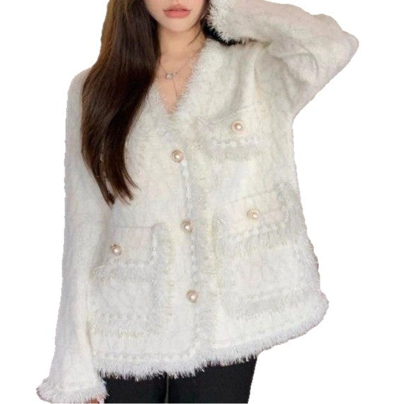 Damen Flauschige Strickjacke mit Perlen-Dekor Drune